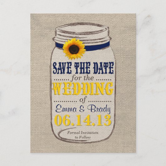 Rustieke Zonnebloem & Mason Jar Save the Date Mari Aankondigingskaart (Voorkant)