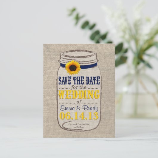 Rustieke Zonnebloem & Mason Jar Save the Date Mari Aankondigingskaart (Staand voorkant)