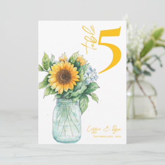 Rustieke Zonnebloem Mason Jar Trouwtafel Nummer Bedankkaart (Staand voorkant)