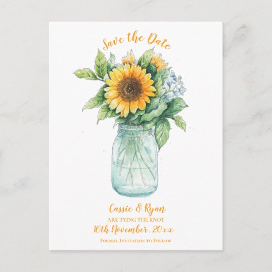 Rustieke Zonnebloem Mason Jar Wedding Save the Dat Briefkaart (Voorkant)