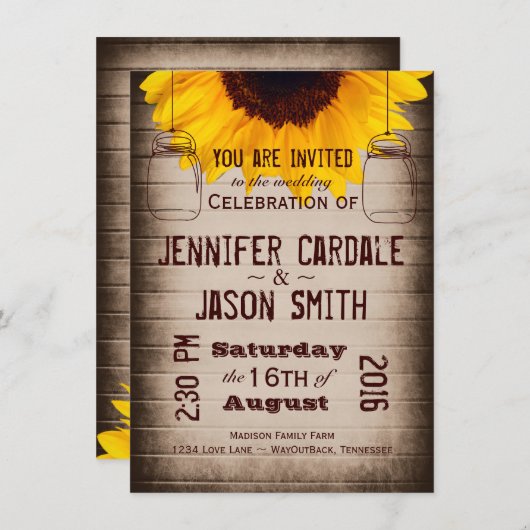 Rustieke Zonnebloem Mason Jars Bruiloft Uitnodigin Kaart (Voorkant / Achterkant)