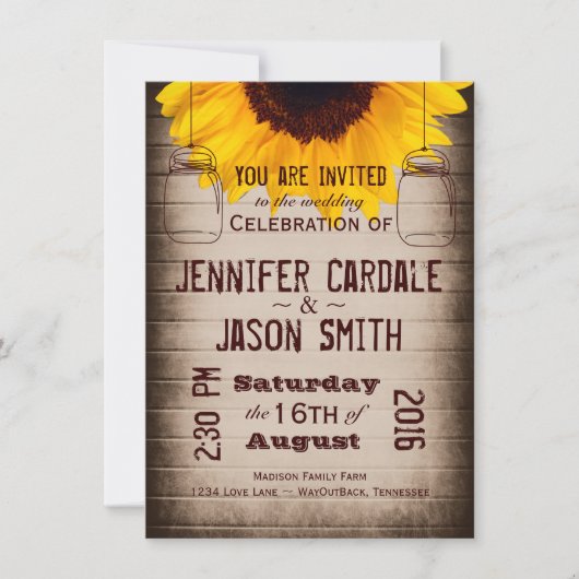 Rustieke Zonnebloem Mason Jars Bruiloft Uitnodigin Kaart (Voorkant)