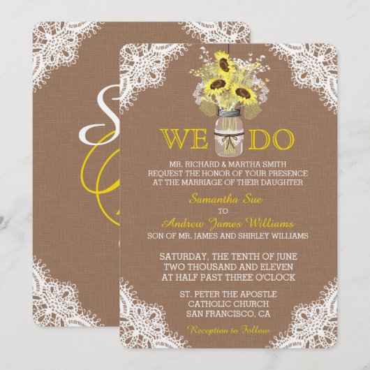 Rustieke Zonnebloem Metselaarsglas Kantelen Trouw Kaart (Voorkant / Achterkant)