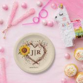 Rustieke Zonnebloem Monogram Huwelijk Hart Branch Papieren Bordje (Feest)