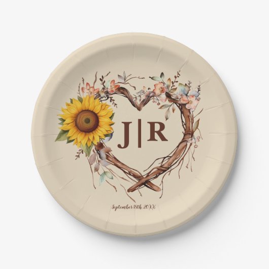 Rustieke Zonnebloem Monogram Huwelijk Hart Branch Papieren Bordje (Voorkant)