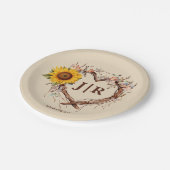 Rustieke Zonnebloem Monogram Huwelijk Hart Branch Papieren Bordje (Gekanteld)