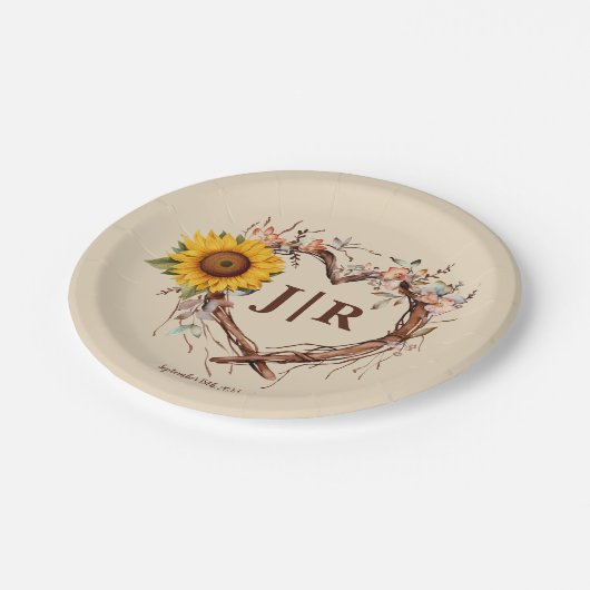 Rustieke Zonnebloem Monogram Huwelijk Hart Branch Papieren Bordje (Gekanteld)