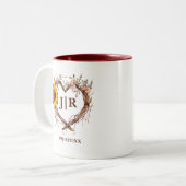 Rustieke Zonnebloem Monogram Huwelijk Hart Branch Tweekleurige Koffiemok (Voorkant links)
