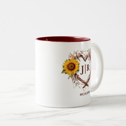 Rustieke Zonnebloem Monogram Huwelijk Hart Branch Tweekleurige Koffiemok (Voorkant rechts)