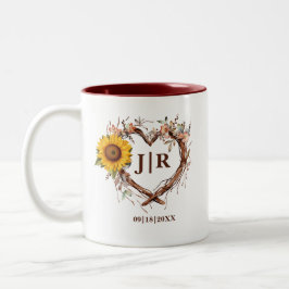 Rustieke Zonnebloem Monogram Huwelijk Hart Branch Tweekleurige Koffiemok