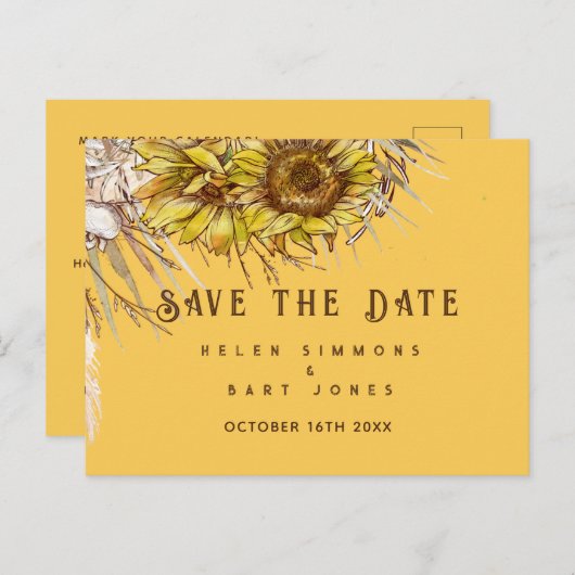 Rustieke Zonnebloem Mosterd Vierkant Save the Date Briefkaart (Voorkant / Achterkant)