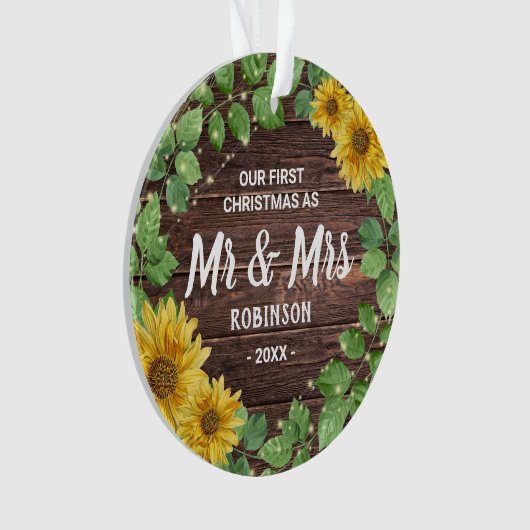 Rustieke Zonnebloem Mr & Mrs Onze 1e Kerstmis Ornament (voorkant)