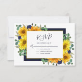 Rustieke Zonnebloem Navy Blue Rozen Country Weddin RSVP Kaartje (Voorkant)