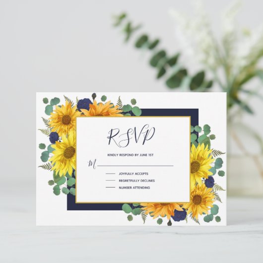 Rustieke Zonnebloem Navy Blue Rozen Country Weddin RSVP Kaartje (Staand voorkant)