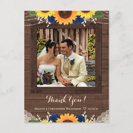 Rustieke Zonnebloem Navy Roos Bruiloft Dank u Foto Briefkaart (Voorkant)