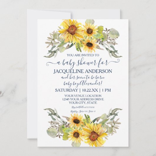 Rustieke Zonnebloem Navy White Drive Door Baby sho Kaart (Voorkant)