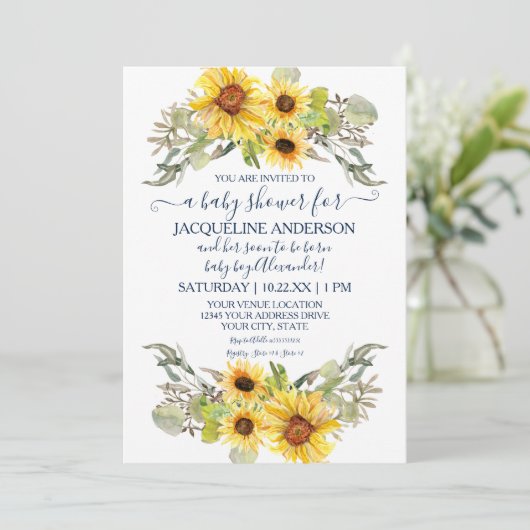 Rustieke Zonnebloem Navy White Drive Door Baby sho Kaart (Staand voorkant)