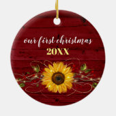 Rustieke zonnebloem Onze eerste kerstfoto Keramisch Ornament (Achterkant)