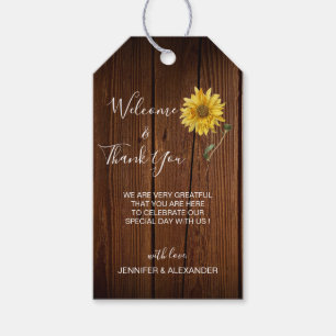 Rustieke zonnebloem op houten bruiloft Welkomsttas Cadeaulabel
