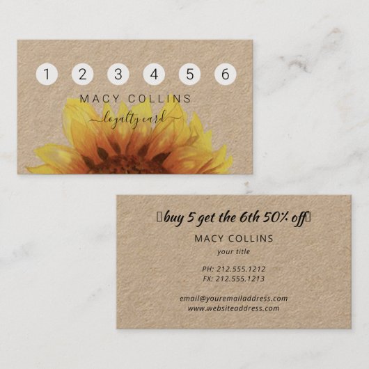 Rustieke Zonnebloem op kraft papier loyalty card Visitekaartje (Voorkant / Achterkant)