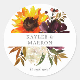 Rustieke Zonnebloem & Paarse Bloemen Dank u Ronde Sticker