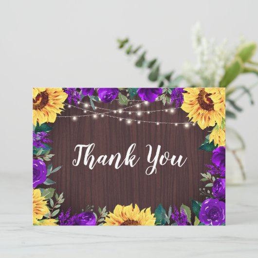 Rustieke Zonnebloem Paarse Bloemen Rand Hout Bruil Bedankkaart (Staand voorkant)