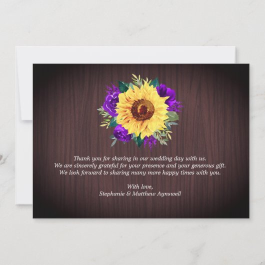 Rustieke Zonnebloem Paarse Bloemen Rand Hout Bruil Bedankkaart (Achterkant)