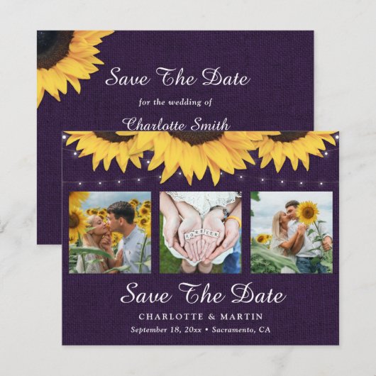 Rustieke zonnebloem Paarse jute bruiloft foto Save The Date (Voorkant / Achterkant)