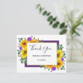 Rustieke zonnebloem Paarse Rozen bruiloft dank u Briefkaart (Staand voorkant)
