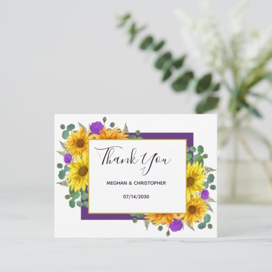 Rustieke zonnebloem Paarse Rozen bruiloft dank u Briefkaart (Staand voorkant)