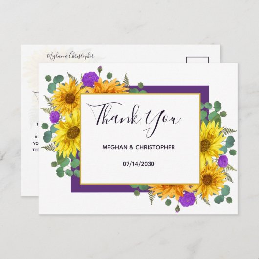 Rustieke zonnebloem Paarse Rozen bruiloft dank u Briefkaart (Voorkant / Achterkant)