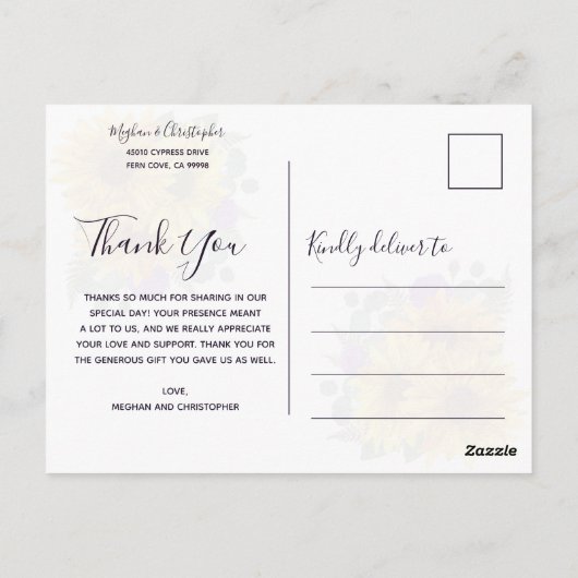 Rustieke zonnebloem Paarse Rozen bruiloft dank u Briefkaart (Achterkant)