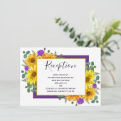 Rustieke zonnebloem Paarse Rozen bruiloft receptie Informatiekaartje (Staand voorkant)