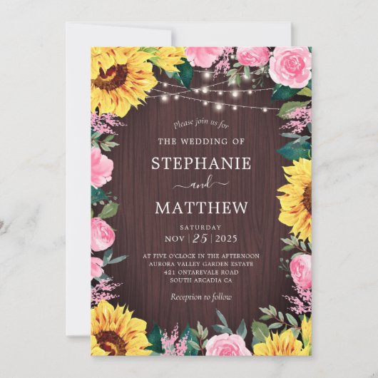 Rustieke Zonnebloem Pink Bloemen Lichten Huwelijk Kaart (Voorkant)