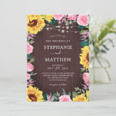 Rustieke Zonnebloem Pink Bloemen Lichten Huwelijk Kaart (Staand voorkant)