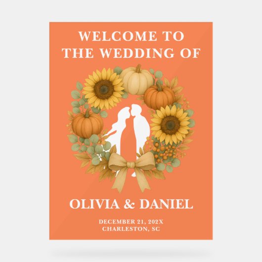 Rustieke Zonnebloem Pompoen Krans Fall Wedding Acryl Bord (Voorkant)