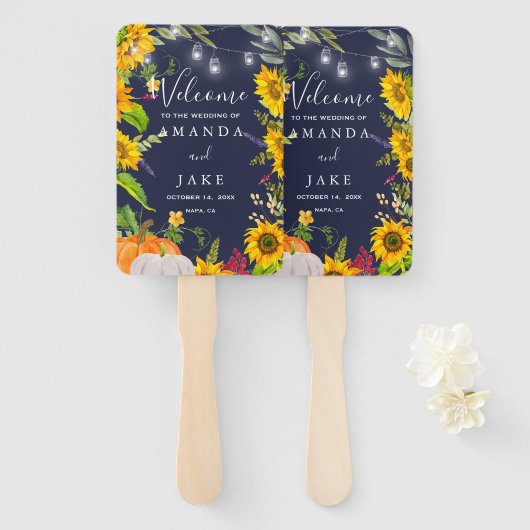 Rustieke Zonnebloem Pompoenen Blauw Bruiloft Welko Handwaaier (Voorkant en achterkant)