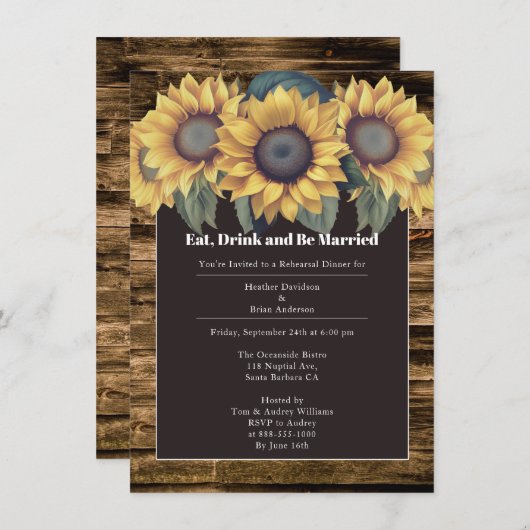 Rustieke zonnebloem repetitie diner kaart (Voorkant / Achterkant)