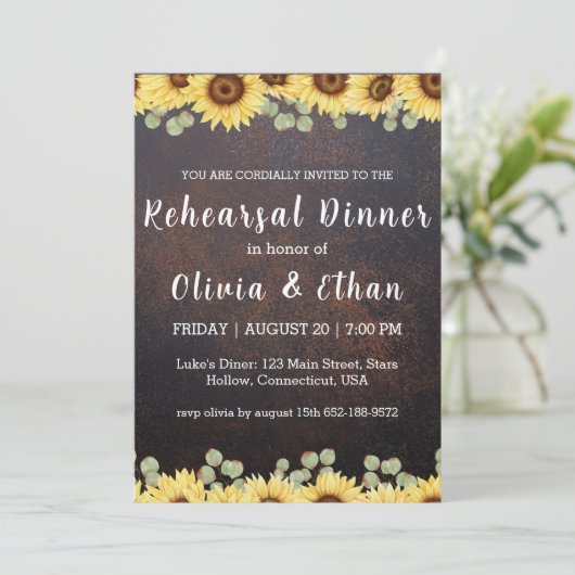 Rustieke zonnebloem repetitie diner uitnodigingen (Staand voorkant)