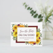 Rustieke Zonnebloem Rode Rozen Bruiloft Save the D Aankondigingskaart (Staand voorkant)