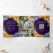 Rustieke Zonnebloem Royal Paarse Hout QR Code Huwe Drieluik Uitnodiging (Binnen)