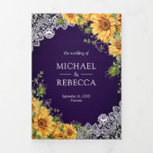 Rustieke Zonnebloem Royal Paarse Hout QR Code Huwe Drieluik Uitnodiging (Cover)