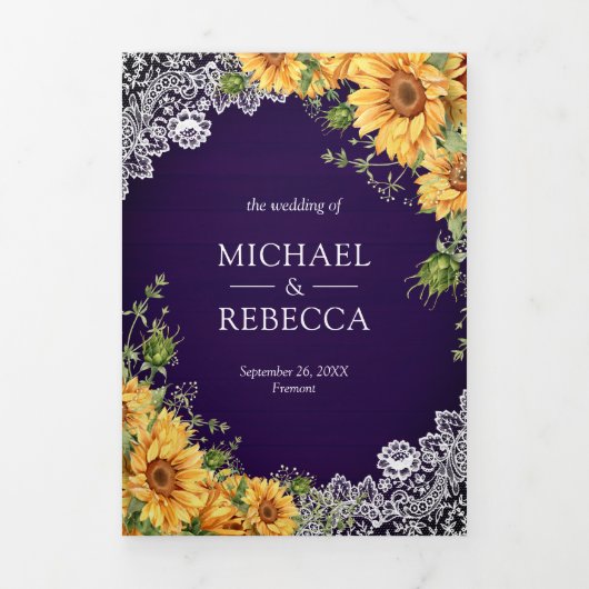 Rustieke Zonnebloem Royal Paarse Hout QR Code Huwe Drieluik Uitnodiging (Cover)