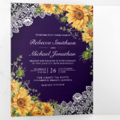 Rustieke Zonnebloem Royal Paarse Hout QR Code Huwe Drieluik Uitnodiging (Binnenzijde eerst)