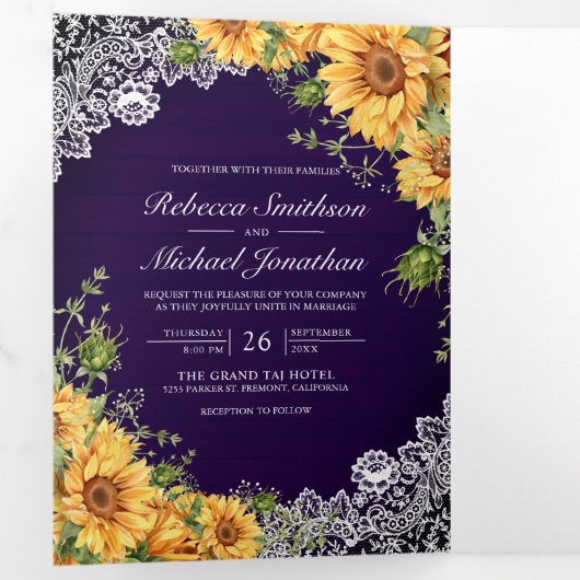 Rustieke Zonnebloem Royal Paarse Hout QR Code Huwe Drieluik Uitnodiging (Binnenzijde eerst)