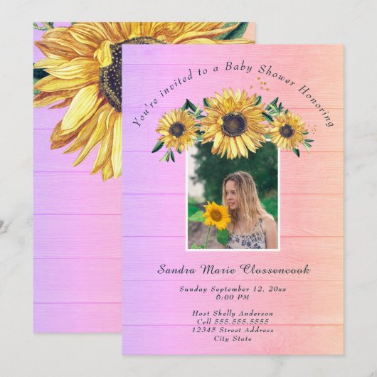 Rustieke Zonnebloem Roze Hout Meisje Baby shower I Kaart (Voorkant / Achterkant)