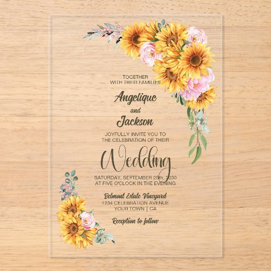Rustieke Zonnebloem Roze Rose Wedding Acryl Uitnodigingen (Voorkant)