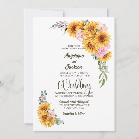 Rustieke Zonnebloem Roze Rose Wedding Kaart (Voorkant)