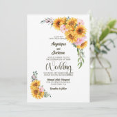 Rustieke Zonnebloem Roze Rose Wedding Kaart (Staand voorkant)