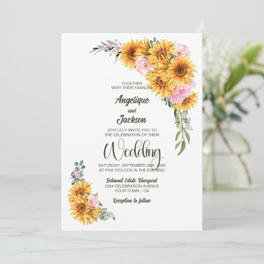 Rustieke Zonnebloem Roze Rose Wedding Kaart (Staand voorkant)